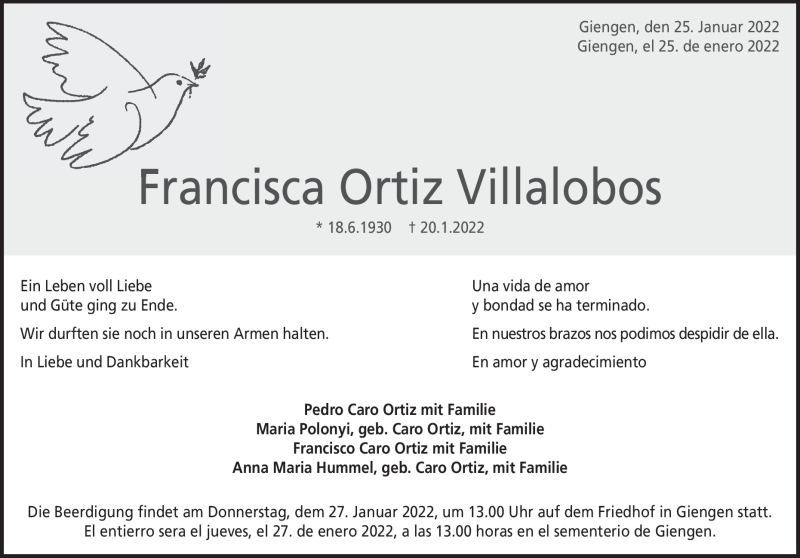  Traueranzeige für Francisca Ortiz Villalobos vom 25.01.2022 aus Heidenheimer Zeitung