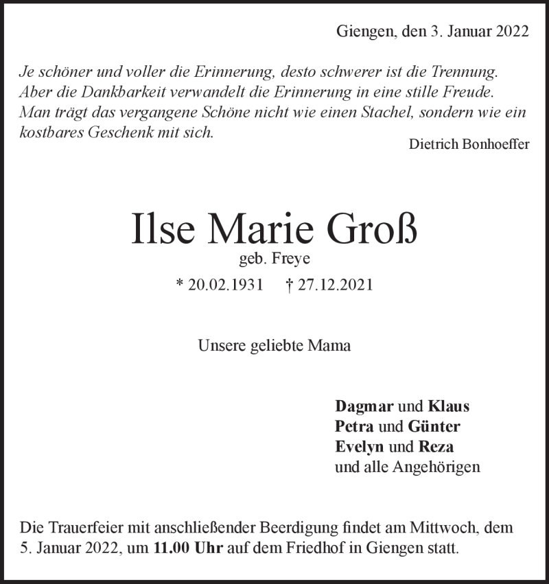  Traueranzeige für Ilse Marie Groß vom 03.01.2022 aus Heidenheimer Zeitung