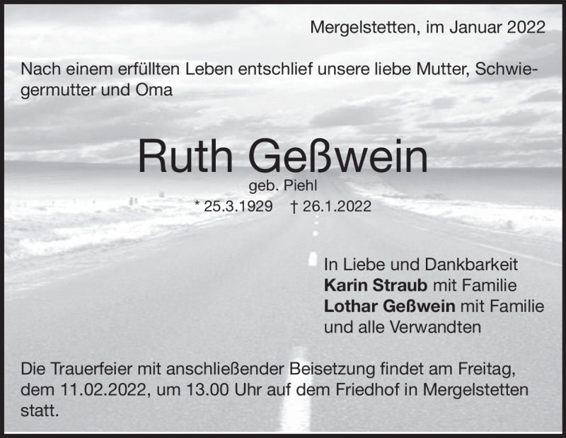  Traueranzeige für Ruth Geßwein vom 29.01.2022 aus Heidenheimer Zeitung