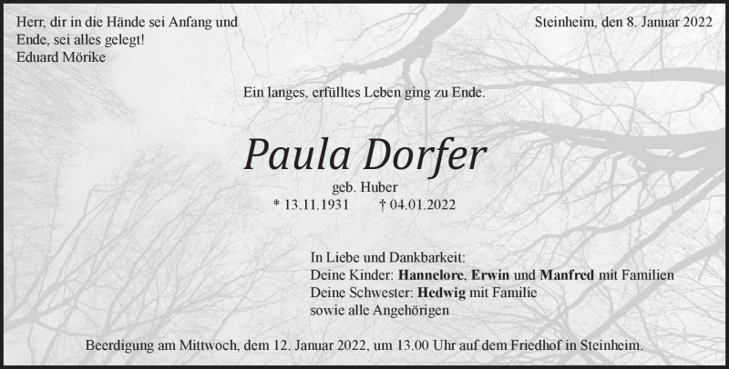  Traueranzeige für Paula Dorfer vom 08.01.2022 aus Heidenheimer Zeitung