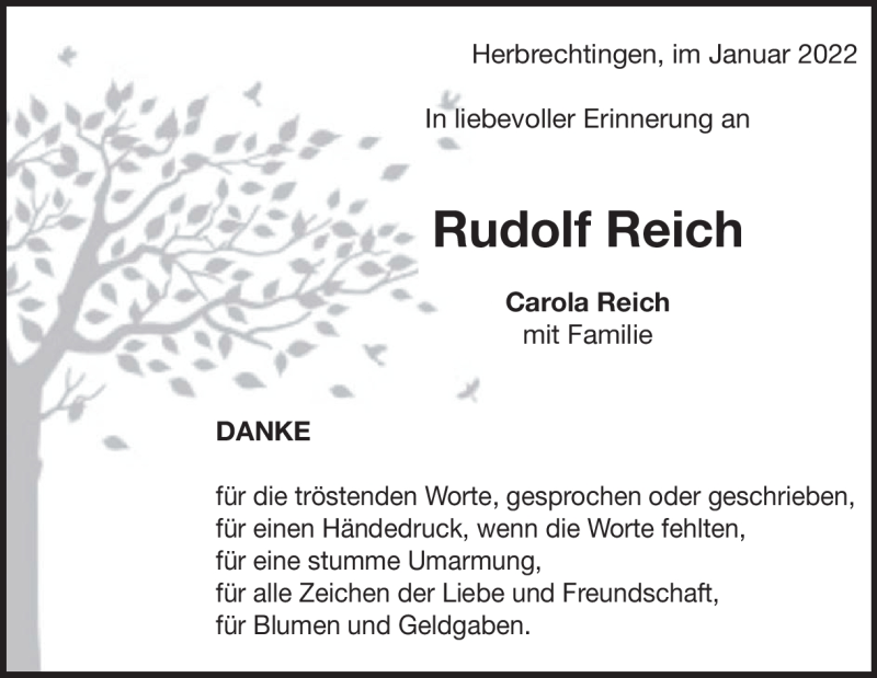  Traueranzeige für Rudolf Reich vom 15.01.2022 aus Heidenheimer Zeitung