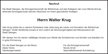 Traueranzeige von Walter Krug von Heidenheimer Zeitung