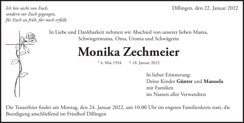  Traueranzeige für Monika Zechmeier vom 22.01.2022 aus Heidenheimer Zeitung