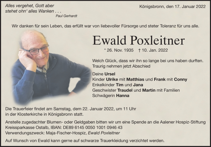  Traueranzeige für Ewald Poxleitner vom 17.01.2022 aus Heidenheimer Zeitung