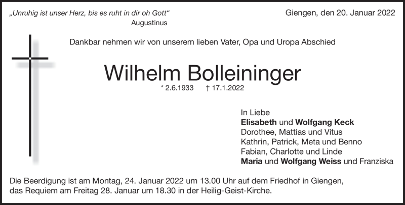  Traueranzeige für Wilhelm Bolleininger vom 20.01.2022 aus Heidenheimer Zeitung