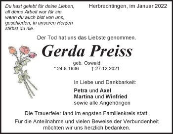 Traueranzeige von Gerda Preiss von Heidenheimer Zeitung