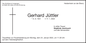 Traueranzeige von Gerhard Jüttler von Heidenheimer Zeitung