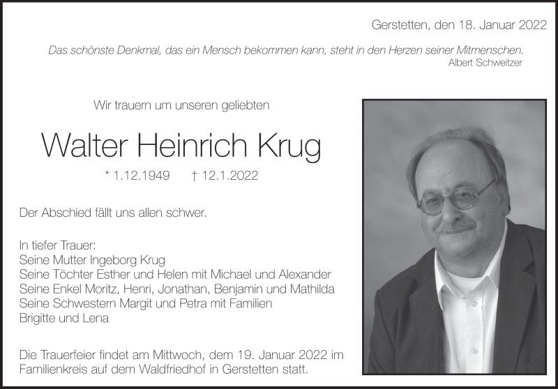  Traueranzeige für Walter Krug vom 18.01.2022 aus Heidenheimer Zeitung