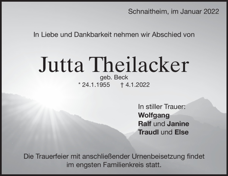  Traueranzeige für Jutta Theilacker vom 12.01.2022 aus Heidenheimer Zeitung
