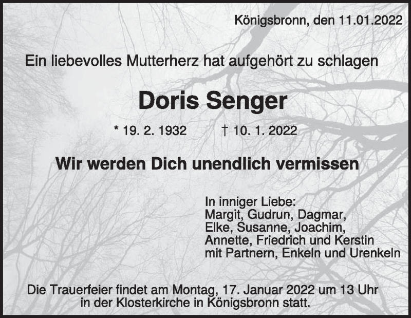  Traueranzeige für Doris Senger vom 13.01.2022 aus Heidenheimer Zeitung