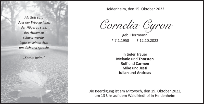  Traueranzeige für Cornelia Cyron vom 15.10.2022 aus Heidenheimer Zeitung