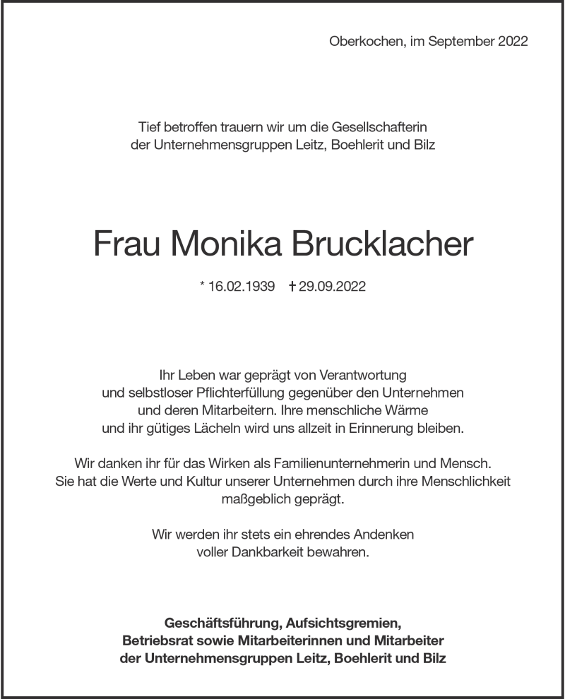  Traueranzeige für Monika Brucklacher vom 01.10.2022 aus Heidenheimer Zeitung
