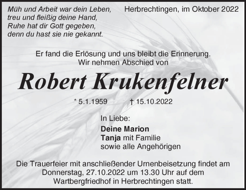  Traueranzeige für Robert Krukenfelner vom 22.10.2022 aus Heidenheimer Zeitung