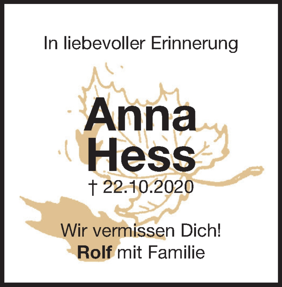  Traueranzeige für Anna Hess vom 22.10.2022 aus Heidenheimer Zeitung
