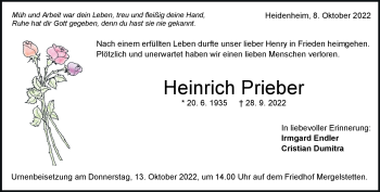 Traueranzeige von Heinrich Prieber von Heidenheimer Zeitung