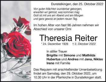 Traueranzeige von Theresia Reiter von Heidenheimer Zeitung