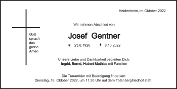 Traueranzeige von Josef Gentner von Heidenheimer Zeitung
