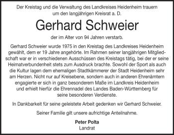 Traueranzeige von Gerhard Schweier von Heidenheimer Zeitung