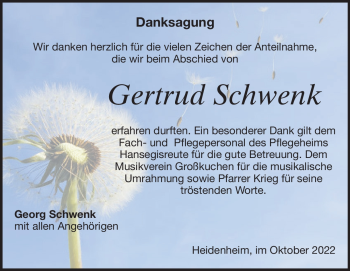 Traueranzeige von Gertrud Schwenk von Heidenheimer Zeitung