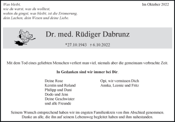 Traueranzeige von Dr. med. Rüdiger Dabrunz von Heidenheimer Zeitung
