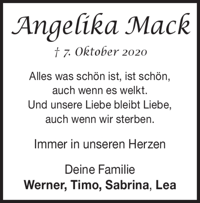  Traueranzeige für Angelika Mack vom 07.10.2022 aus Heidenheimer Zeitung