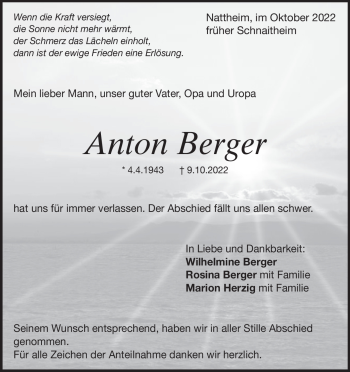 Traueranzeige von Anton Berger von Heidenheimer Zeitung