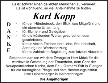 Traueranzeige von Karl Kopp von Heidenheimer Zeitung