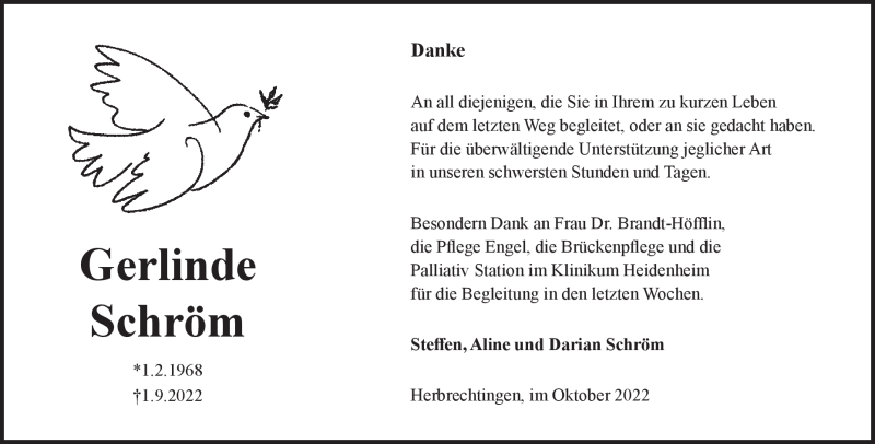  Traueranzeige für Gerlinde Schröm vom 15.10.2022 aus Heidenheimer Zeitung