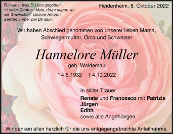 Traueranzeige von Hannelore Müller von Heidenheimer Zeitung