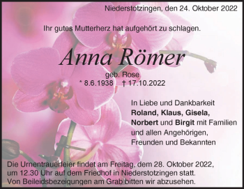Traueranzeige von Anna Römer von Heidenheimer Zeitung