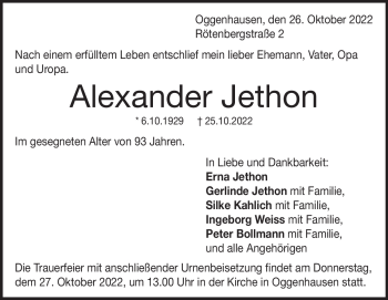 Traueranzeige von Alexander Jethon von Heidenheimer Zeitung