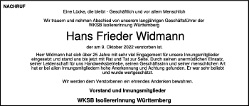 Traueranzeige von Hans Frieder Widmann von Heidenheimer Zeitung