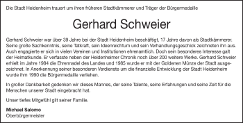 Traueranzeige von Gerhard Schweier von Heidenheimer Zeitung