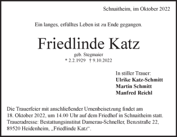 Traueranzeige von Friedlinde Katz von Heidenheimer Zeitung