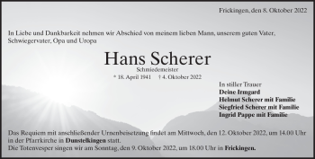 Traueranzeige von Hans Scherer von Heidenheimer Zeitung