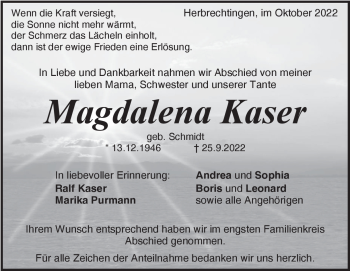 Traueranzeige von Magdalena Kaser von Heidenheimer Zeitung
