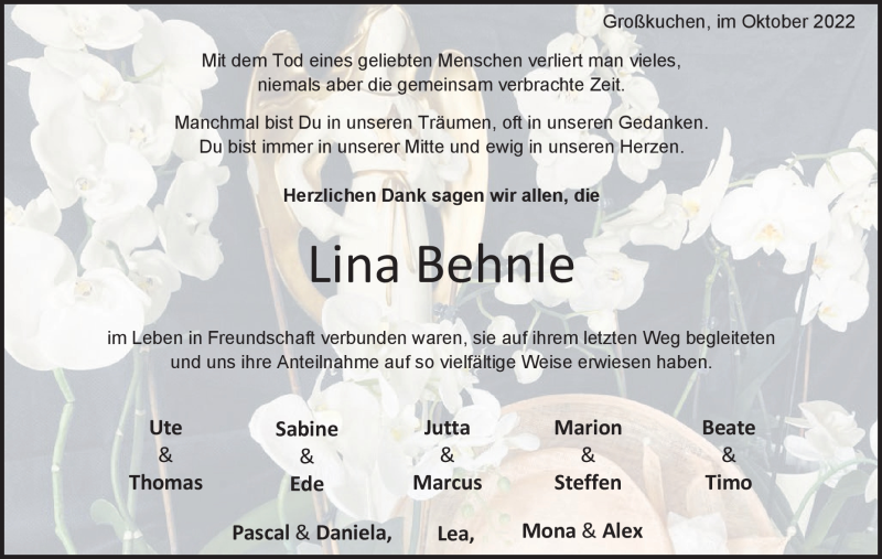  Traueranzeige für Lina Behnle vom 08.10.2022 aus Heidenheimer Zeitung