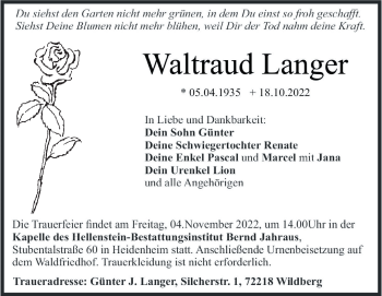 Traueranzeige von Waltraud Langer von Heidenheimer Zeitung