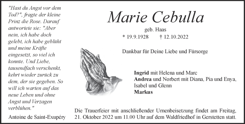  Traueranzeige für Marie Cebulla vom 20.10.2022 aus Heidenheimer Zeitung
