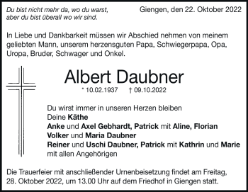 Traueranzeige von Albert Daubner von Heidenheimer Zeitung