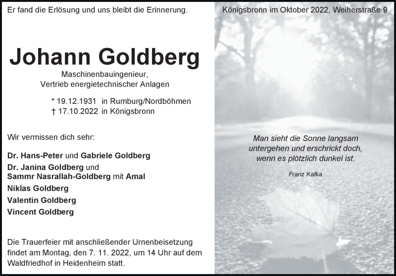  Traueranzeige für Johann Goldberg vom 29.10.2022 aus Heidenheimer Zeitung