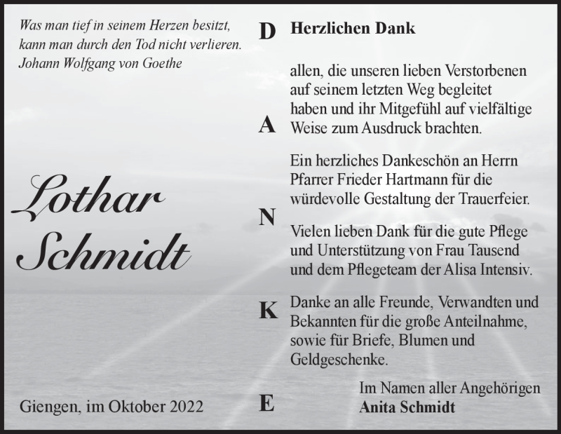  Traueranzeige für Lothar Schmidt vom 06.10.2022 aus Heidenheimer Zeitung