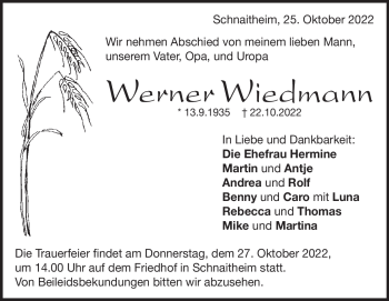 Traueranzeige von Werner Wiedmann von Heidenheimer Zeitung