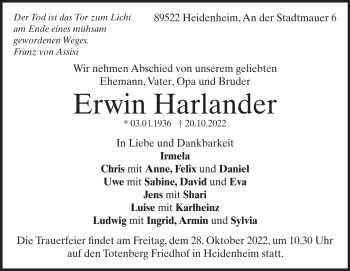 Traueranzeige von Erwin Harlander von Heidenheimer Zeitung