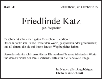 Traueranzeige von Friedlinde Katz von Heidenheimer Zeitung