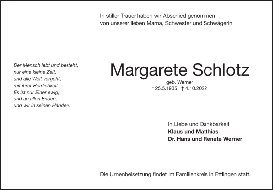Traueranzeige von Margarete Schlotz von Heidenheimer Zeitung
