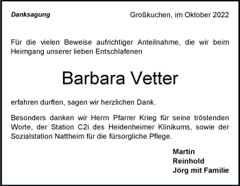 Traueranzeige von Barbara Vetter von Heidenheimer Zeitung