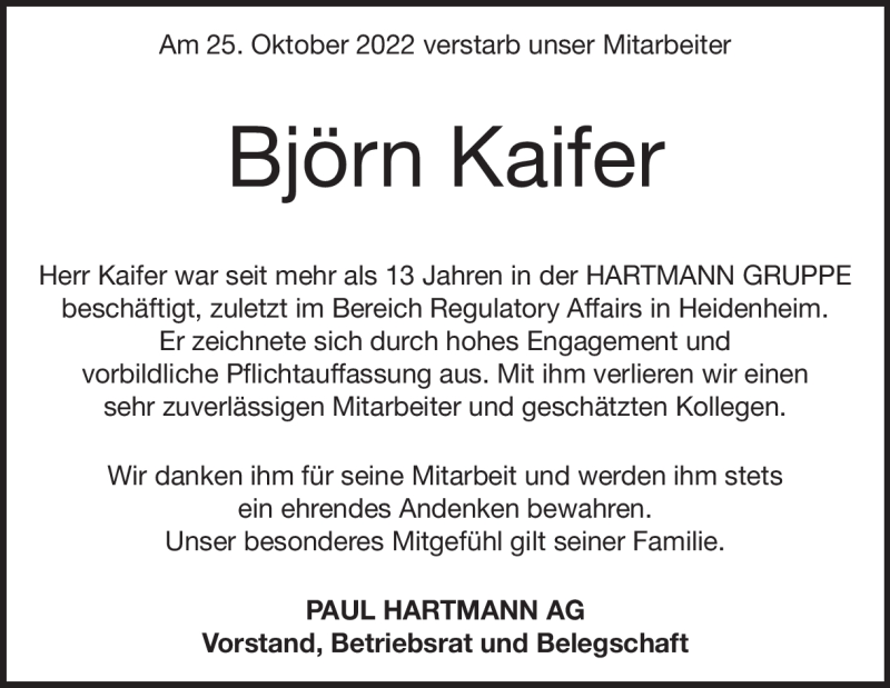  Traueranzeige für Björn Kaifer vom 31.10.2022 aus Heidenheimer Zeitung