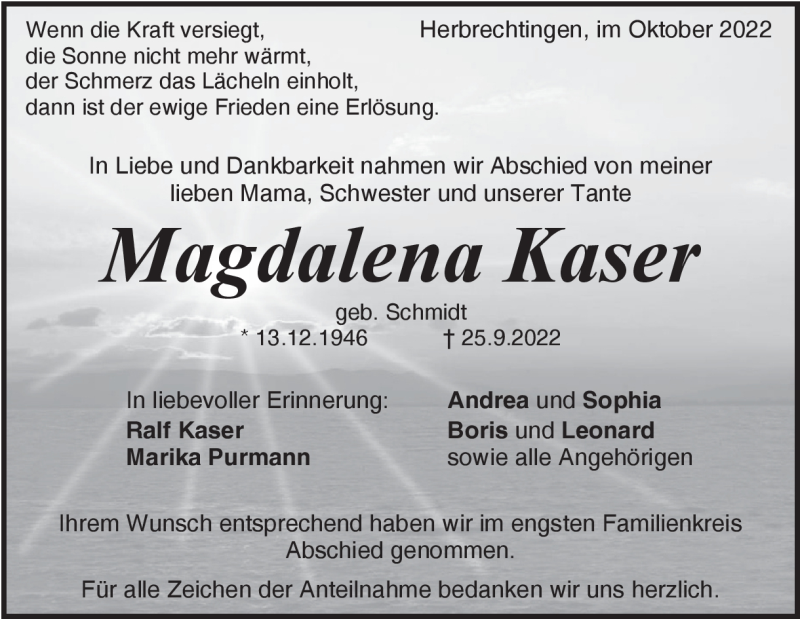  Traueranzeige für Magdalena Kaser vom 29.10.2022 aus Heidenheimer Zeitung