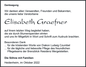 Traueranzeige von Elisabeth Graefner von Heidenheimer Zeitung